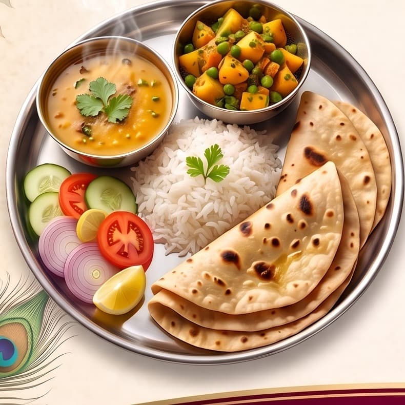 Veg Thali - fresh home-style vegetarian meal with dal, sabzi, rice, roti and salad